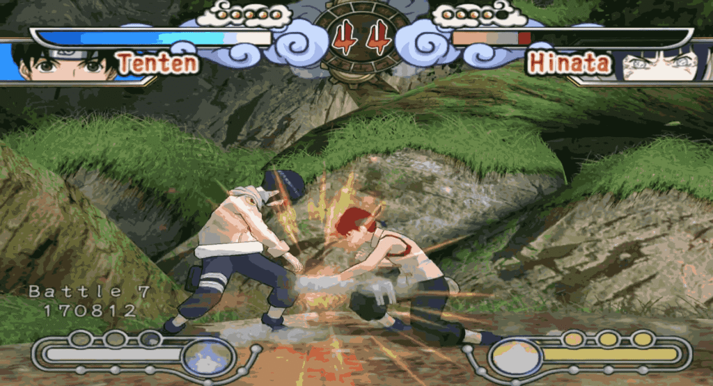 4-player battle mode featuring Rock Lee, Itachi, Minato, and Gaara